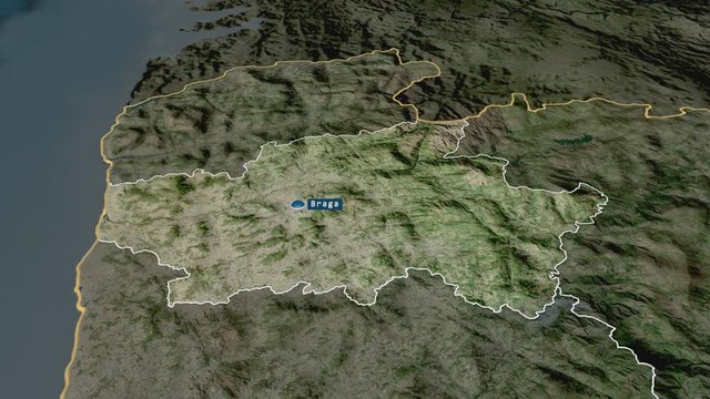 Braga - district of Portugal with its capital zoomed on the satellite map of the globe. Animation 3D