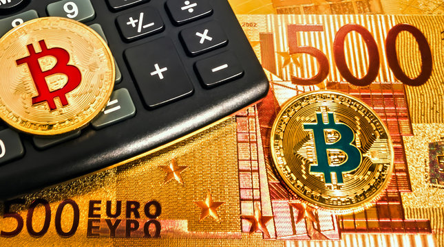 Gold Bitcoin pile euro banknotes Crypto Investing golden background.