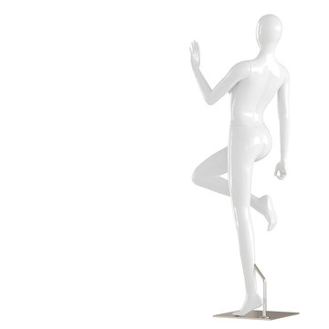 A female faceless white mannequin stands with one leg bent over an isolated white background. 3D rendering