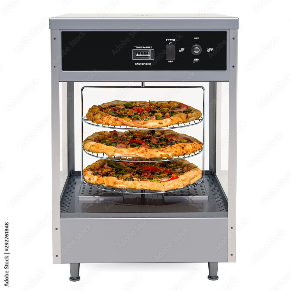 Poster open view pizza merchandiser with pizza inside, 3d rendering