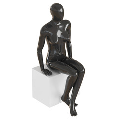 A black female mannequin sits on a white box on an isolated white background. 3D rendering