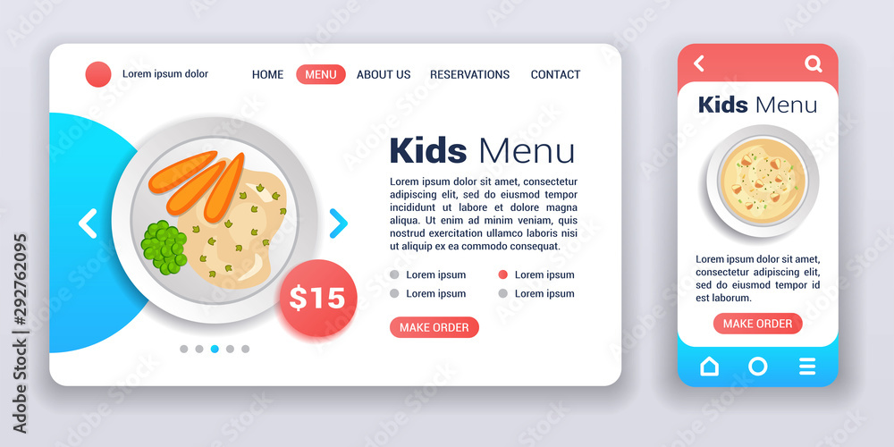 Aufkleber kids menu web banner and mobile app kit. ui ux gui user interface.