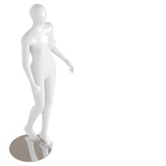 A white female mannequin stands on an iron mount on an isolated white background. 3D rendering
