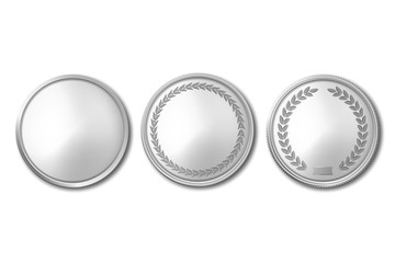 Vector 3d Realistic Silver Metal Blank Coin Icon Set Closeup Isolated on White Background. Design Template, Clipart of Gold Money, Medal, Currensy for Mockup. Financial, Business Concept. Top View - obrazy, fototapety, plakaty