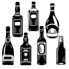 Vector hand drawn black and white set of bottles. Whiskey, rum, wine, champagne, beer, tequila and chocolate liquor bottles.In the graphic logo style isolated on white background.