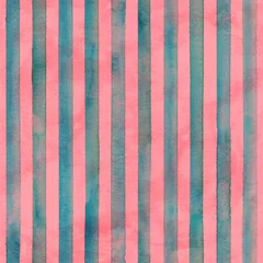 Behang Watercolor teal blue stripes on pink background. Colorful striped seamless pattern © Olga