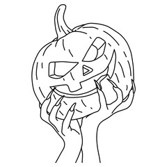 hand of devil holding Halloween pumpkin vector illustration sketch doodle hand drawn with black lines isolated on white background