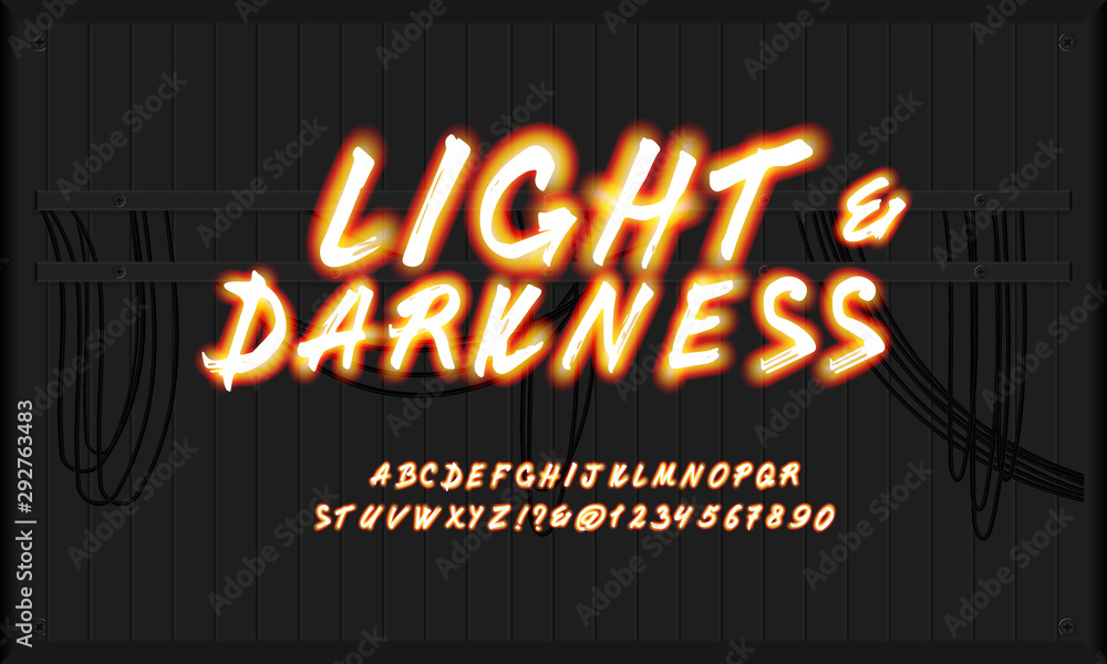 Poster vector glowing transparent alphabet, uppercase and lowercase letters, digits.