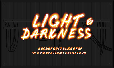 Vector glowing transparent Alphabet, uppercase and lowercase letters, digits.