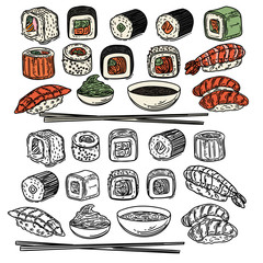 Vector hand drawn big set of  sushi rolls, wasabi, soy sauce and chopsticks.