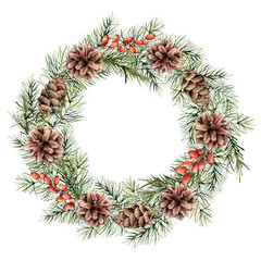 Fototapeta premium Watercolor Christmas wreath with berries, pine cones and tree branches. Hand painted fir border isolated on white background. Floral print design, print or background.