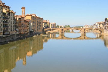 Ponte Santa Trinita with the Oltrarno district in Florence, city in central Italy and birthplace of the Renaissance, it is the capital city of the Tuscany region, Italy