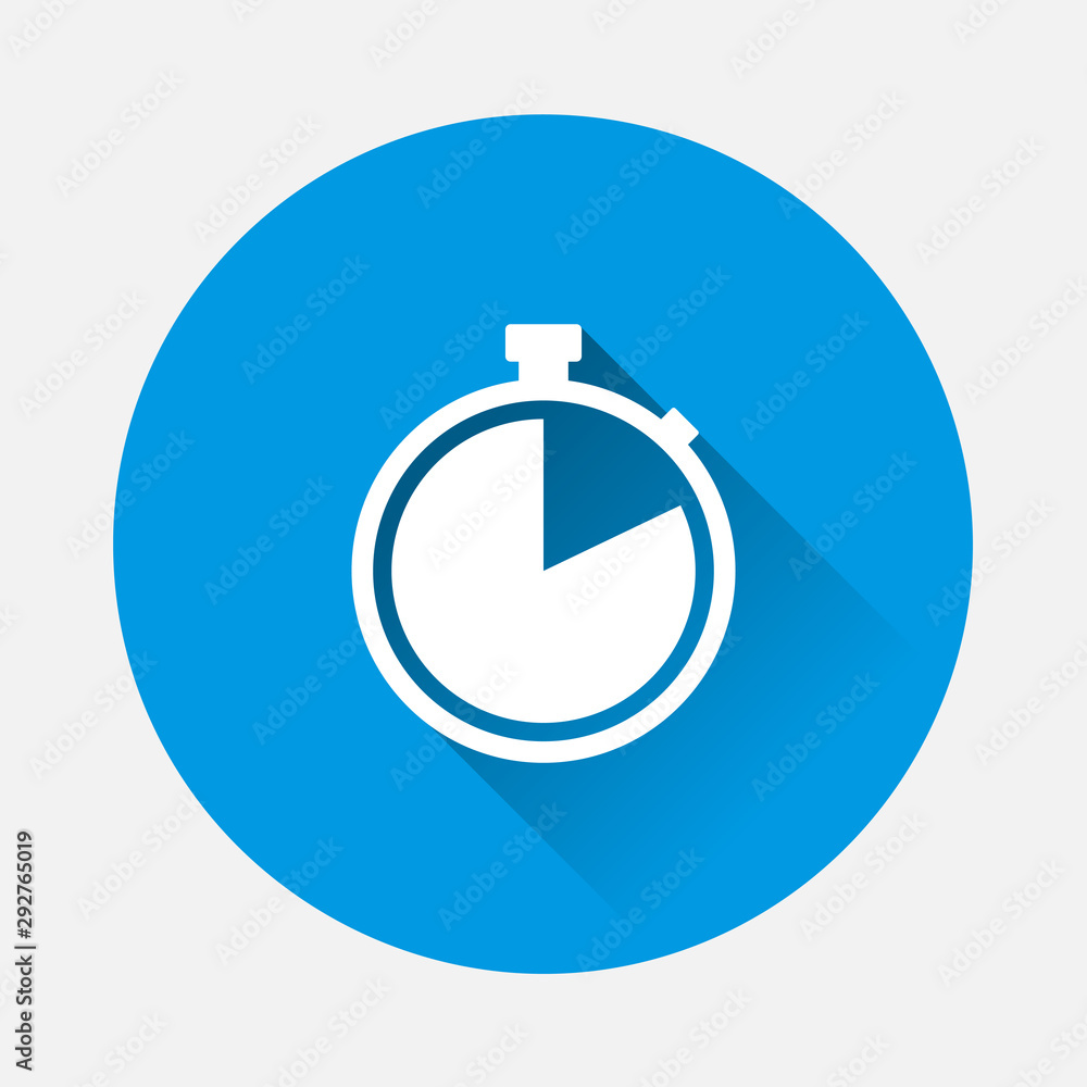Poster stopwatch vector icon on blue background. flat image with long shadow.
