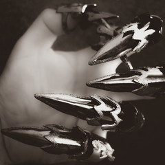 Man hand whit a long nails in black and white. Halloween theme.