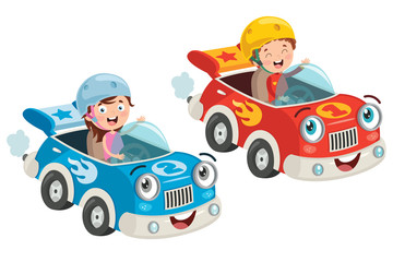 Fototapeta premium Children Racing With Funny Cars