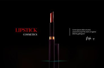 Fashion lipstick cosmetic template for ads, flyer or banner. Realistic 3d red lipstick on black background. Makeup magazine template with stylish lipstick. Luxury cosmetic products brand.