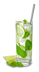 Glass of fresh mojito on white background