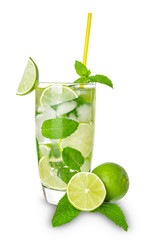 Glass of fresh mojito on white background