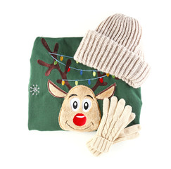 Set of warm Christmas clothes on white background