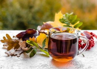 Herbal tea in a glass cup on a white background. Autumn composition of a cup of tea and autumn...