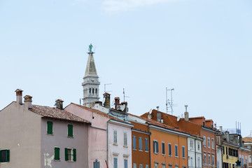 Bell tower of Basilica of St Euphemia towers above the historic part of Rovinj.