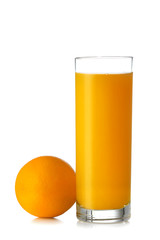 Glass of fresh orange juice on white background