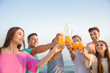 Friends drinking juice on sea beach