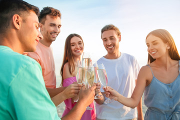 Friends drinking champagne on sea beach