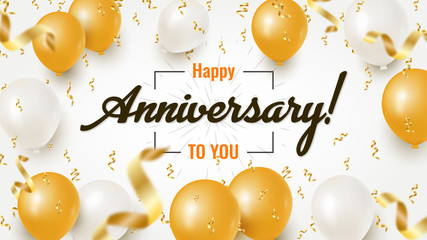 Happy Anniversary celebration design with realistic golden and white balloons and falling foil confetti. Horizontal template for greeting card, poster or banner. Vector illustration.