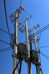 Busy electrical and telephone poles and cables, Naxos, Greek Islands