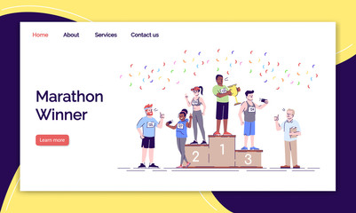 Marathon winner landing page vector template. Sport activity website interface idea with flat illustrations. Champions homepage layout. Leaders of competition web banner, webpage cartoon concept