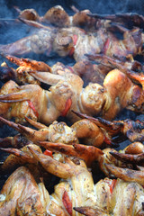 Bbq With Kebab Cooking. Coal Grill Of Chicken Meat Skewers .
