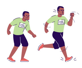 Trained african american man flat vector illustration. Standing, running sportsman. African american male marathon participant isolated cartoon character with outline elements on white background