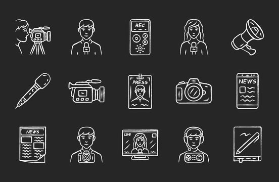 Mass media chalk icons set. Press. Television, radio broadcasting. Taking an interview, photographing events. News recording and filming, announcements. Isolated vector chalkboard illustrations