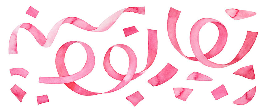 Bright pink serpentine celebration tape and confetti elements pack. Handdrawn watercolour sketchy painting on white background, cutout clip art details for design decoration, banner, greeting card.