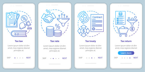 Taxes system blue onboarding mobile app page screen with linear concepts. Tax law, treaty, return, taxation rate walkthrough steps graphic instructions. UX, UI, GUI vector template with illustrations