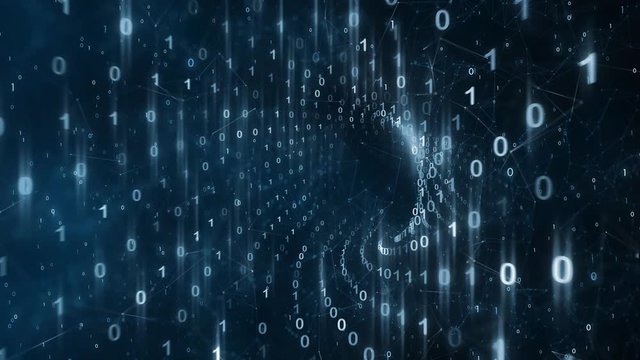 Artistic computer network binary numbers tunnel with lines animation background.	