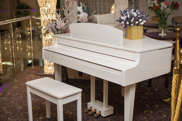 White piano and chair. white piano in the hall .Piano conner for relax and playing music.