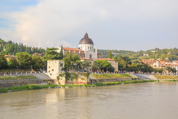 Beautiful view of the Church of San Giorgio on the Adige River in Verona, Italy
