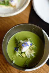 Chilled Green Pea Soup with Cream Cheese and Fresh Avocado Salad