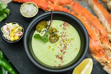 Creamy Avocado Soup with Fresh Crab Salad and Jalapeno Pepper