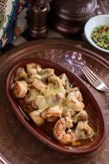 Turkish Casserole Karides Guvec, Shrimp and Mushroom Stew Baked in Clay Dish