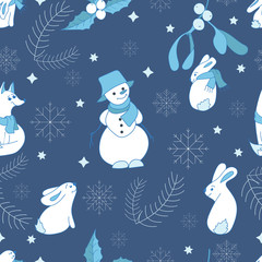 Simple christmas pattern in blue color palette, Cute cartoon style  snowman, rabbits and fox.