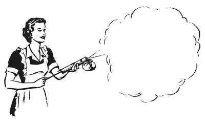 Retro Woman Spray, Virus, Coronavirus, Covid-19, Cleaning, Cloud Bubble illustration. Place for text, Isolated on white background.