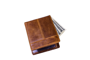 Brown leather wallet and one hundred dollar banknotes isolated on a white background