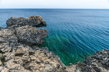 The rocky coast of the Mediterranean Sea on the island of Cyprus.