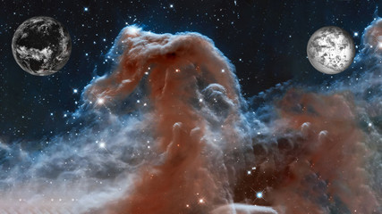 Earh planets frozen and alive near The Horsehead Nebula upper ridge illuminated by Sigma Orionis. Science astronomy concept. Elements of this image were furnished by NASA, ESA