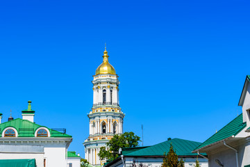 Bell tower of the Kiev Pechersk Lavra against blue sky