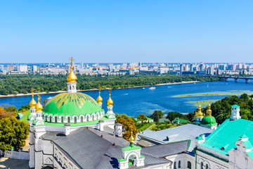 View on Refectory church of the Kiev Pechersk Lavra, river Dnieper and Kiev cityscape