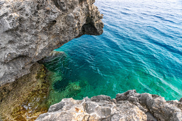 The rocky coast of the Mediterranean Sea on the island of Cyprus.